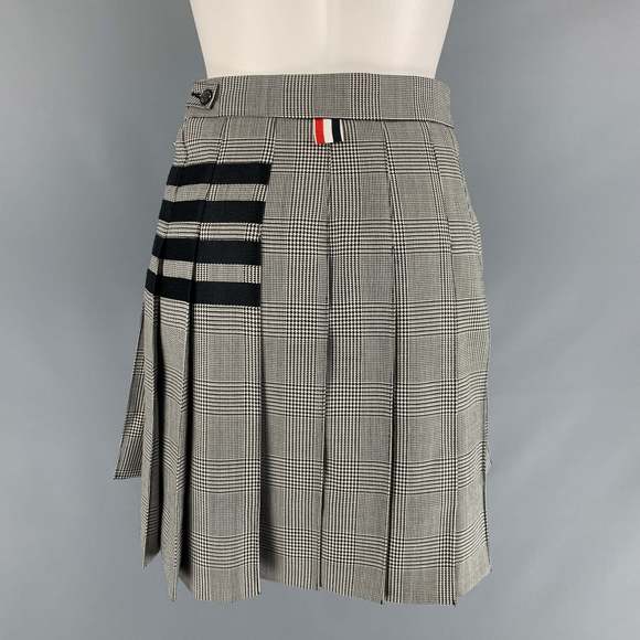 THOM BROWNE Black White Wool Glen plaid Pleated Above Knee Skirt - Picture 3 of 6